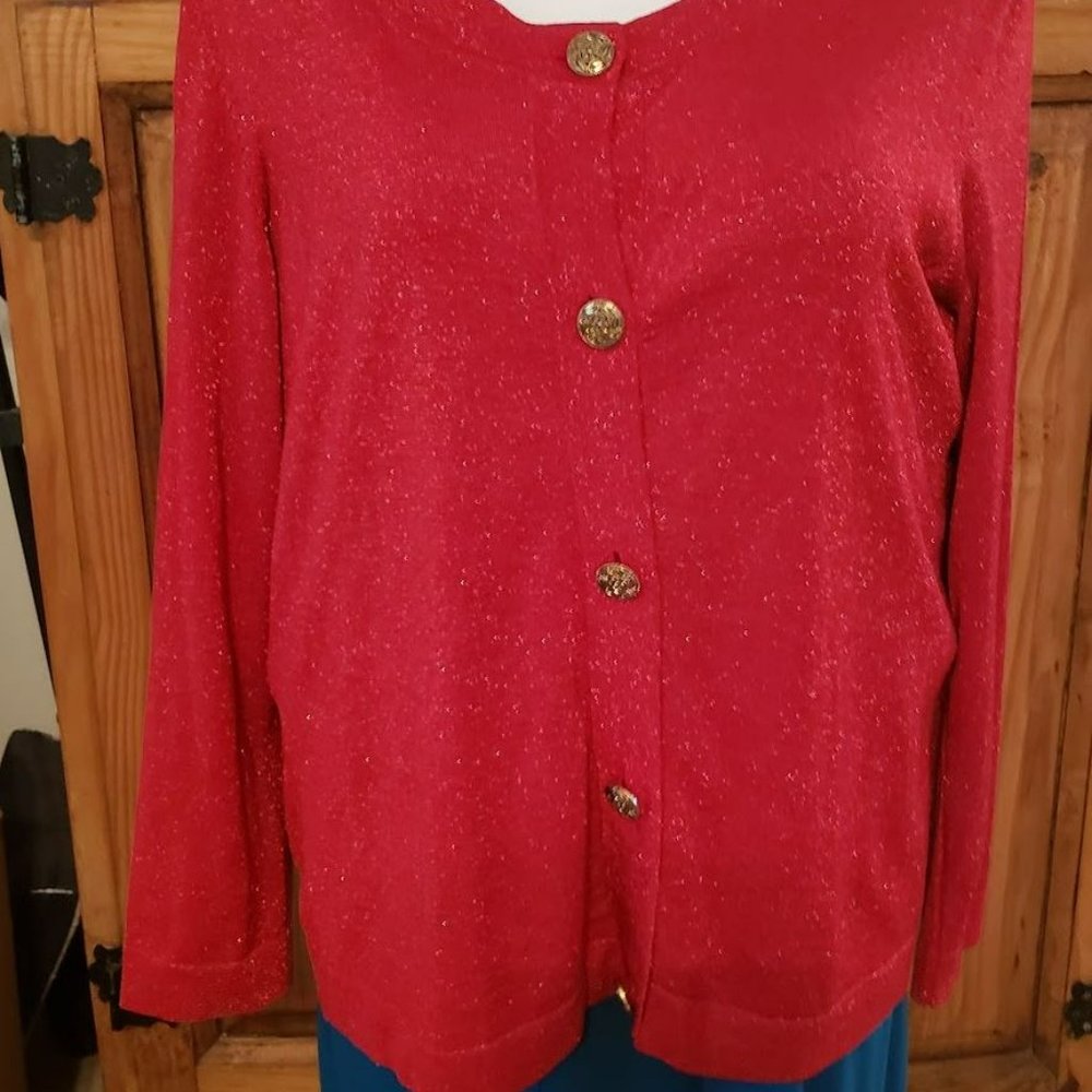 Judith Hart Woman Red Sparkle Metallic Dressy Glitter Cardigan Sweater 2X - Picture 2 of 5